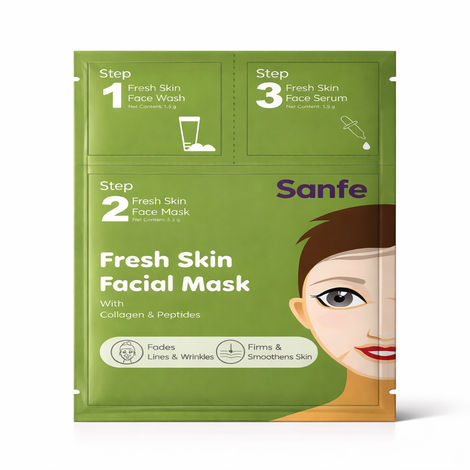Buy Sanfe Fresh Skin Facial Mask | Single Use | Pack of 3 - Face Wash, Face Mask, Face Serum | Collagen & Potent Peptides | Firms & Smoothens Skin | Helps Reduce Lines & Wrinkles | Korean-Style Sheet Mask-Purplle