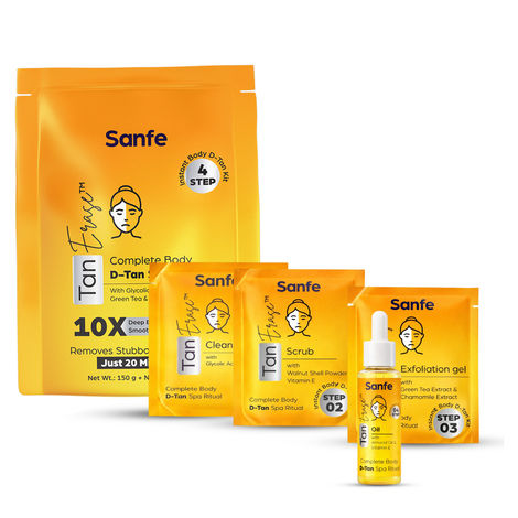 Buy Sanfe Tan Erase Complete Body D-Tan Kit | 150 gm + 50 ml | 4-Step Body D-Tan Spa Ritual | Removes Stubborn Sun Tan in 20 Minutes | With Glycolic Acid, Vitamin E & Green Tea | Smooth, Radiant Skin - Combo of 2-Purplle