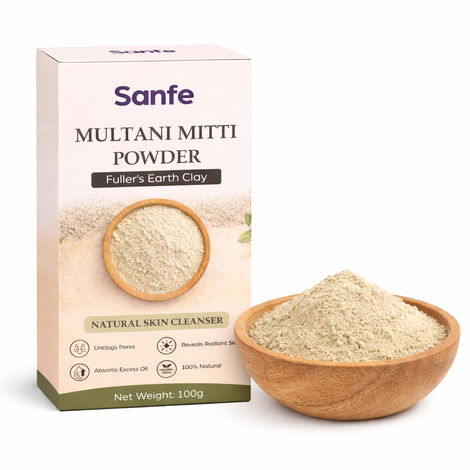 Buy Sanfe PureClay Multani Mitti Powder | 100 gm | 100% Pure Fuller’s Earth for Face & Body | Absorbs Excess Oil from First Use | Unclogs Pores & Removes Dirt | Natural Clay Face Pack for Oily & Acne-Prone Skin-Purplle
