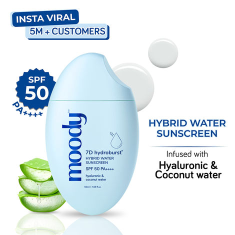 Buy Moody 7D Hydroburst Hyaluronic SPF 50 PA++++ Water Sunscreen UVA/B Protection Non Oily No White Cast - 50 ml-Purplle