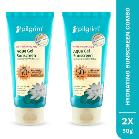 Buy Pilgrim 1% Hyaluronic Acid Sunscreen Aqua Gel SPF 50+ PA++++ No White Cast (Pack of 2)-Purplle