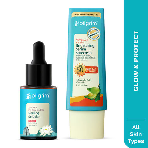 Buy Pilgrim Glow & Protect Combo Face Peeling Soltuion and Vitamin C InVivo Tested SPF 50++++ Sunscreen (Combo of 2)-Purplle