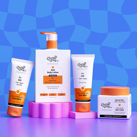 Buy Chemist at Play Gentle Exfoliation Combo | Coffee Body Scrub 75 gm+ Face Scrub 100 ml + Face Wash 100 ml + AHA Body Lotion 236 ml | Combo of 4-Purplle