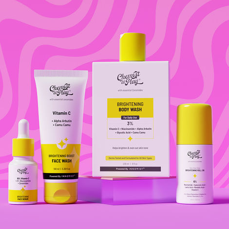 Buy Chemist at Play Brightening Glow Combo | Body Wash 236 ml + Vitamin C Face Wash 100 ml + Face Serum 10 ml + Brightening Roll-On 40 ml | Combo of 4-Purplle