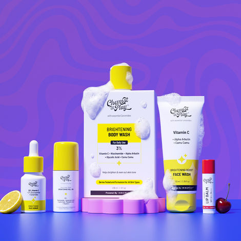 Buy Chemist at Play Complete Brightening Combo | Body Wash 236 ml + Vitamin C Face Wash 100 ml + Face Serum 10 ml + Brightening Roll-On 40 ml + Cherry Lip Balm 4.5 gm | Combo of 5-Purplle