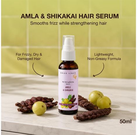 Buy Good Vibes Amla & Shikakai Hair Strengthening Serum Powered by Amla & Shikakai For Frizzy, Dry & Damaged Hair | Helps Smooth Frizz | Strengthens Hair & Reduces Breakage | Lightweight & Non-Greasy Formula | Provides a Glossy, Salon-Like Finish | 50 ml-Purplle