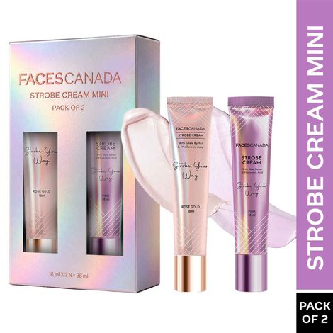 Buy FACES CANADA Strobe Cream Mini - Rose Gold + Pink (18 ml x 2) | Primer + Highlighter + Moisturizer | Shea Butter & Hyaluronic Acid | Intense Hydration | Flawless Radiant Dewy Skin | Illuminating & Glowing Makeup Base | Pack of 2-Purplle
