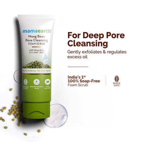 Buy Mamaearth Mung Bean Pore Cleansing Foam Scrub with Mung Bean, AHA & BHA for Normal to Oily Skin - 100 gm India's First Foam Scrub for Deep Pore Cleansing | Enriched with Mung Bean & 1% AHA-BHA-Purplle