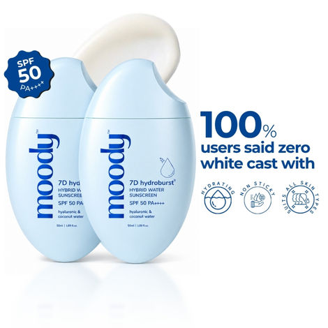 Buy Moody 7D Hydroburst Hyaluronic SPF 50 PA++++ Water Sunscreen UVA/B Protection, Non-Oily & No White Cast - 50 ml (Pack of 2)-Purplle