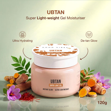 Buy Good Vibes Ubtan Super Light Gel Moisturiser | Turmeric, Saffron, Sandalwood & Hyaluronic Acid | Instant Glow, De-Tan & Brightening | Ultra-Lightweight, Non-Greasy Daily Moisturizer | All Skin Types | Non-Sticky & Fast-Absorbing | 120 gm-Purplle
