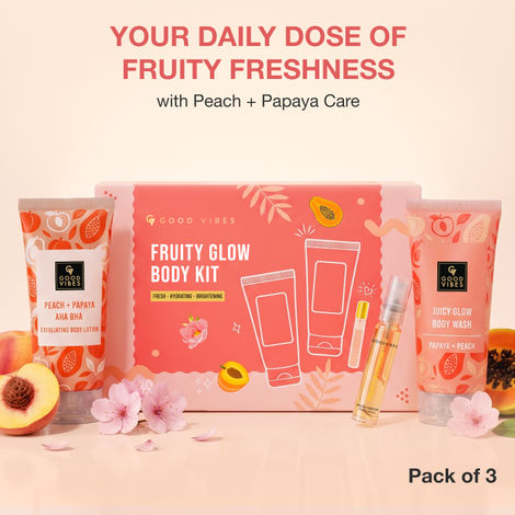 Buy Good Vibes Fruity Glow Body Kit | AHA BHA, Peach & Papaya | 3-Step Daily Glow Ritual | Body Wash, Body Lotion & Perfume | Pack of 3-Purplle