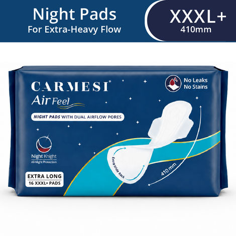 Buy Carmesi Air Feel Night Sanitary Pads | 16 XXXL+ 410 mm Extra-Long Pads for Heavy Flow | Wide Back | Super-Absorbent Core | Airy, Soft & Ultra-Thin | No VOCs, Chlorine & Phthalates Pack of 16-Purplle