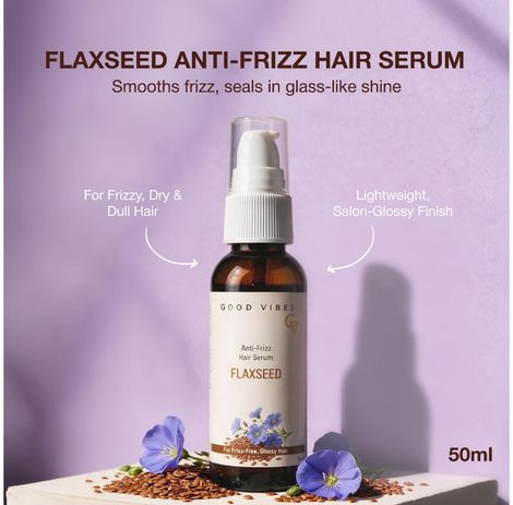 Buy Good Vibes Flaxseed Anti-Frizz Hair Serum | Powered by Flaxseed & Hydrolysed Keratin | Boosts Shine & Smoothness | Deeply Nourishes Dry Hair | Lightweight & Non- Greasy Formula | Provides a Glossy, Salon-Like Finish | 50 ml-Purplle