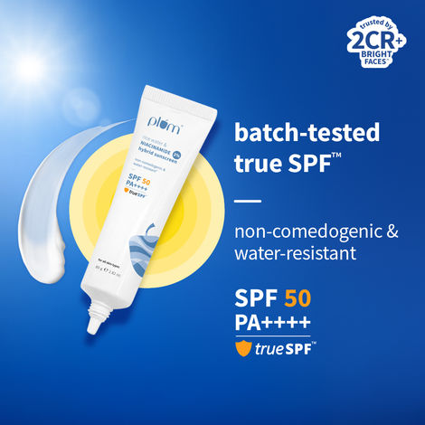 Buy Plum 2% Niacinamide Sunscreen SPF 50 PA+++ With Rice Water | 4 Hrs Water Resistance | 3x Tan Reduction & Brightens | No White Cast, Lightweight, Non-Sticky | Dermatologically Tested | All Skin Types | Women & Men | 100% Vegan |80 gm - 80 gm-Purplle