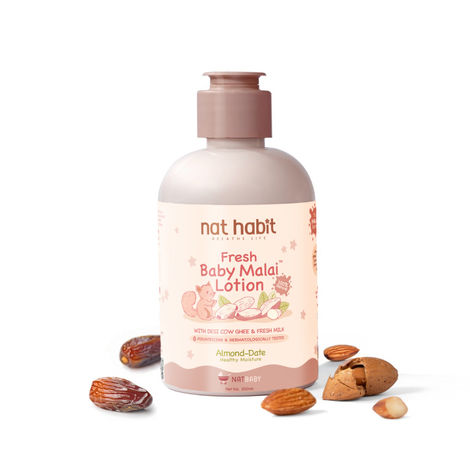Buy Nat Habit Baby Malai Lotion Almond & Dates|With Almond Milk, Date Milk & Desi Cow Ghee For 24-48 Hrs Moisturization, Deep Nourishment & Skin Barrier Support|Paediatrician & Dermatologically Tested|200 ml-Purplle
