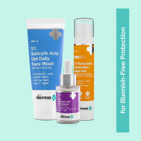 Buy The Derma Co. Clear Skin Trio: Salicylic Facewash, Serum & Hyaluronic Sunscreen for Blemish-Free Protection Combo of 3-Purplle