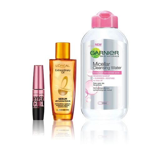 Buy Maybelline x Garnier x L'Oreal Paris Influencer Favourite Trio (Maybelline Hypercurl Mascara - Very Black (9.2 gm), Garnier Micellar water (125 ml), L'Oreal Paris Extraordinary Oil Serum (30 ml))-Purplle