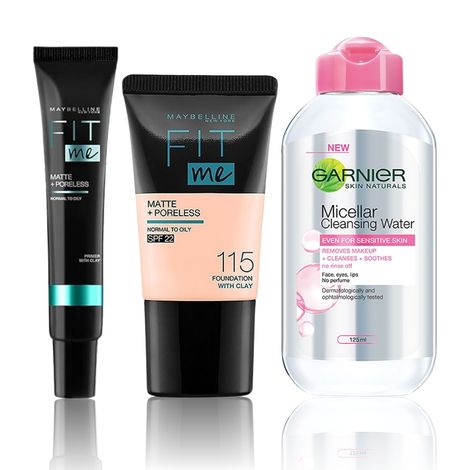 Buy Maybelline New York x Garnier Makeup essentials 2 (Maybelline New York Fit me Primer (30ml) + Maybelline New York Fit Me Liquid Foundation Tube - Ivory 115 (18 ml) + Garnier Skin Naturals&nbsp;Micellar Cleansing Water All in 1 (125 ml))-Purplle