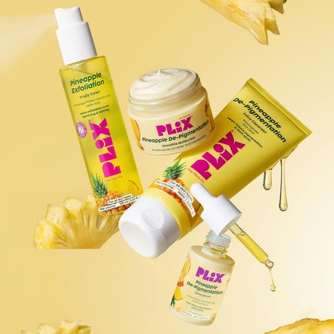 Buy PLIX Pineapple Depigmentation Regime | Juicy Cleanser (90 ml), Fruity Toner (150 ml), 2% Alpha Arbutin Serum (28 ml) & Smoothie Moisturizer (48 gm) | Helps Fade Dark Spots & Pigmentation | For Brighter, Even-Toned Skin (Combo of 4)-Purplle