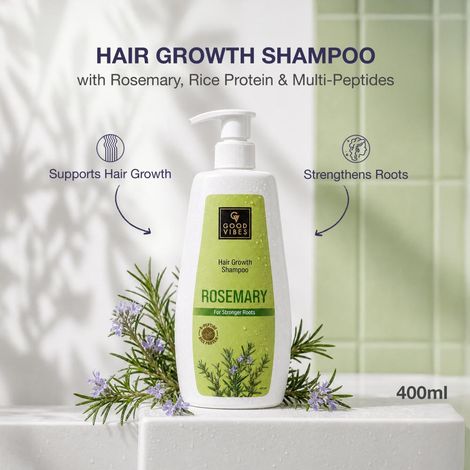 Buy Good Vibes Rosemary, Rice Protein & Multi Peptide Hair Growth Shampoo | Powered With Rosemary Extract & Multi Peptides | Strengthens Roots & Reduces Hair Fall | Supports Healthy Hair Growth | Non-Drying Formula | Suitable for All Hair Types | 400 ml-Purplle