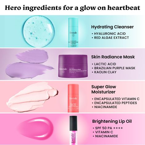 Buy Foxtale Glow On Heartbeat Skincare Gift Set | Hydrating Cleanser, Tan-Removing Face Mask, Nourishing Lip Oil, Super Glow Moisturizer & Free Heart-Shaped Pouch | Travel-Friendly Self-Care Kit for Radiant, Glowing Skin (5 pc)-Purplle