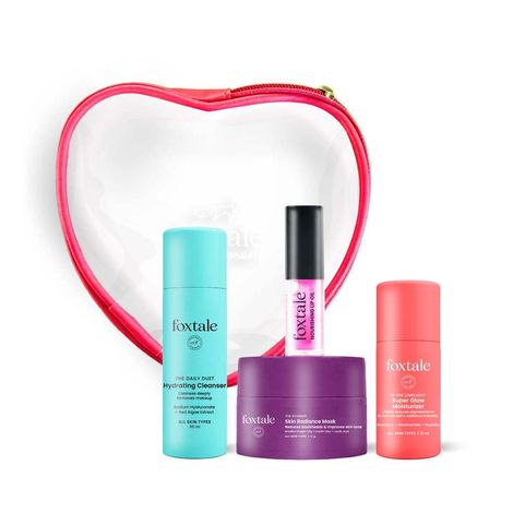 Buy Foxtale Glow On Heartbeat Skincare Gift Set | Hydrating Cleanser, Tan-Removing Face Mask, Nourishing Lip Oil, Super Glow Moisturizer & Free Heart-Shaped Pouch | Travel-Friendly Self-Care Kit for Radiant, Glowing Skin (5 pc)-Purplle