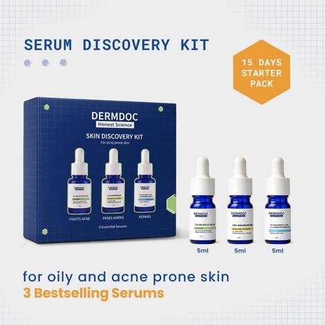 Buy Dermdoc Serum Discovery Kit for Oily & Acne-Prone Skin 3 Bestseller Serums With 2% Salicylic Acid, 10% Niacinamide & 2% Hyaluronic Acid + 1% Ceramide Complex Serum | Helps Fight Acne, Reduces Acne Marks & Strengthen the Skin Barrier | 3 x 5 ml Pack of 3-Purplle