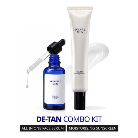 Buy Reginald Men De Tan Kit Combo | Moisturising Sunscreen SPF 50 PA++++ (50 gm) + Face & Beard Serum 30 ml | Simplified & Multipurpose Skincare - Skin and Beard Health, Protects, Repairs, Heals & Brightens (Combo of 2)-Purplle