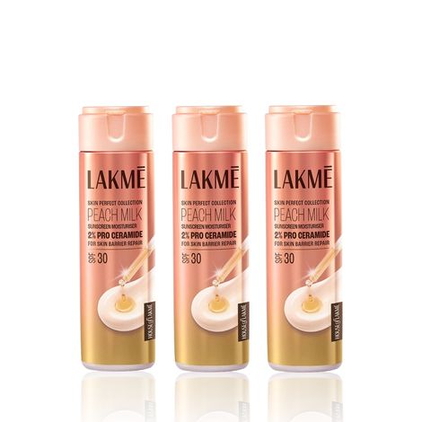 Buy Lakme Peach Milk Moisturiser SPF 30 with 2% Pro-Ceramide | Daily UV Defense Hydrating & Skin Barrier Repair Face Cream | Lightweight For Dry Skin Normal Oily Skin & Sensitive Skin 120 ml (Pack of 3)-Purplle