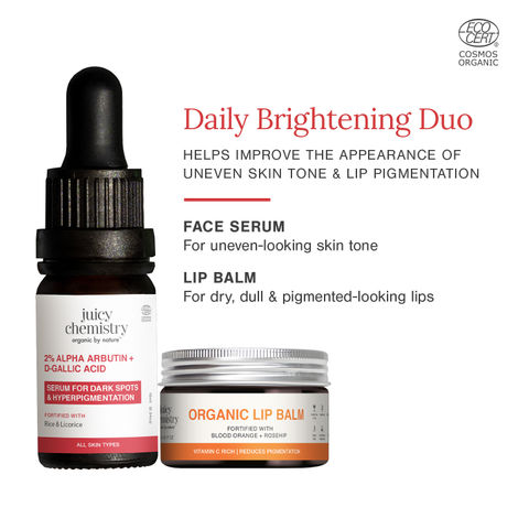 Buy Juicy Chemistry Brightening & Lip Care Duo | 2% Alpha Arbutin + D-Gallic Acid Serum (10 ml) & Blood Orange + Rosehip Lip Balm (5 gm) Combo of 2-Purplle