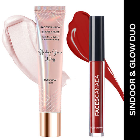 Buy FACES CANADA Sindoor & Glow Duo - Maroon Liquid Sindoor (2.5 ml) + Rose Gold Strobe Cream Mini (18 ml) | Long Lasting Radiant Glow | Highly Pigmented | Festive Makeup Gift Set for Women Combo of 2-Purplle