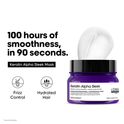 Buy L'Oreal Professionnel Keratin Alpha Sleek Hair Mask, 84% Less frizz, 5X Instant smoothness (250 ml)-Purplle