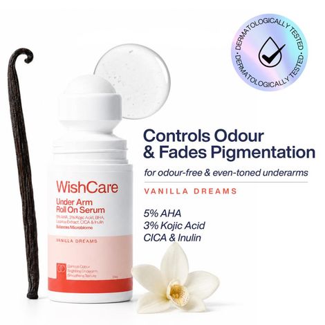 Buy WishCare Underarm Roll On Serum-5% AHA,3% Kojic Acid,Inulin - Lightening & Odor Control - Vanilla (50 ml)-Purplle