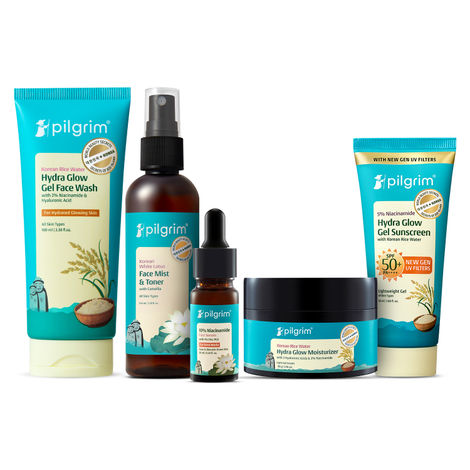 Buy Pilgrim Complete Korean Hydration Kit- Facewash, Toner, Serum, Moisturizer & Sunscreen For Healthy Skin, (Combo of 5)-Purplle