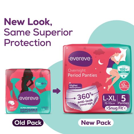 Buy Evereve Period Panty For Girls & Women, L-XL, 360 Degree Coverage, High Absorbency For Heavy Flow, Leak Protection, Maternity, Postpartum & Overnight Protection, Disposable Panty (5 pc)-Purplle
