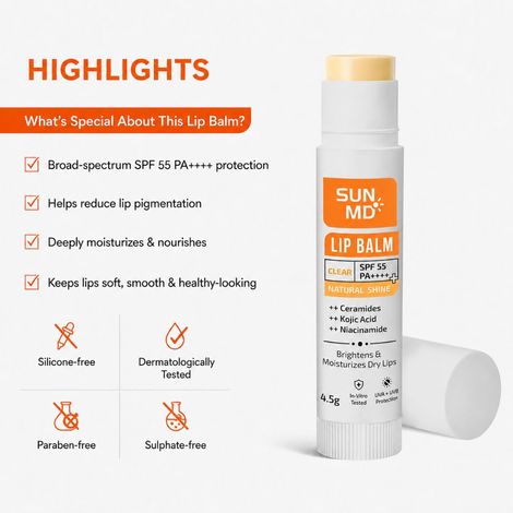 Buy SunMD Ceramide, Kojic Acid & Niacinamide SPF 55 Lip Balm – Clear| Brightening Lip Balm | For Dark & Pigmented Lips| Fades Pigmentation and Heals Dry & Chapped Lips|Long Lasting Moisturization with UVA/UVB Protection|(4.5 gm)-Purplle