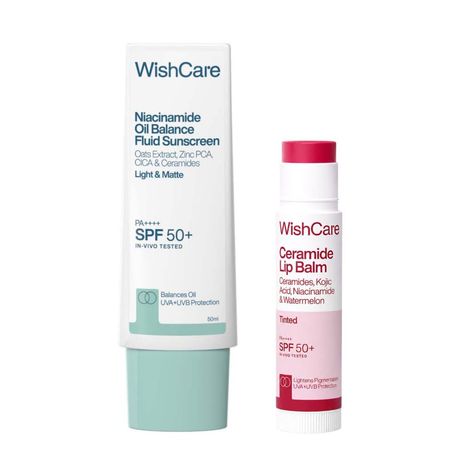 Buy WishCare SPF Sun Protection Duo- Niacinamide Oil Balance Sunscreen & Tinted Lip balm with Kojic Acid - Combo of 2-Purplle