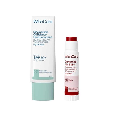 Buy WishCare SPF Sun Protection Duo- Niacinamide Oil Balance Sunscreen & Tinted Blush Red Lip balm - Combo of 2-Purplle
