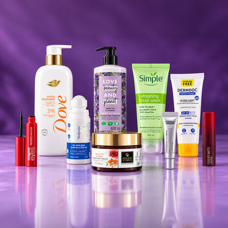 Buy MultiBrand The Glow-Up Kit (Dove Body Wash + Be Bodywise Roll-On + Faces Canada Eyeliner + Good Vibes Face Wash + Good Vibes Day Cream + DERMDOC Lip Balm + Lakme Lipstick + Love Beauty Planet Shampoo + DERMDOC Sunscreen) Combo of 9-Purplle