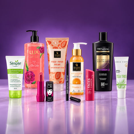 Buy MultiBrand The Daily Glow Edit (Good Vibes Body Lotion + Lux Body Wash + Good Vibes Face Wash + Simple Moisturiser + Blue Heaven Kajal + Faces Canada Lip Balm + Elle 18 Lipstick + TRESemme Shampoo + Good Vibes Sunscreen) Combo of 9-Purplle