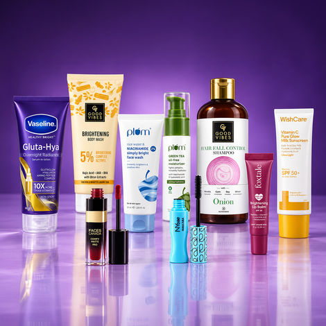 Buy MultiBrand The Radiance Edit (Vaseline Body Lotion + Good Vibes Body Wash + Plum Face Wash + Plum Moisturiser + NY Bae Mascara + Foxtale Lip Balm + Faces Canada Lipstick + Good Vibes Shampoo + WishCare Sunscreen) Combo of 9-Purplle