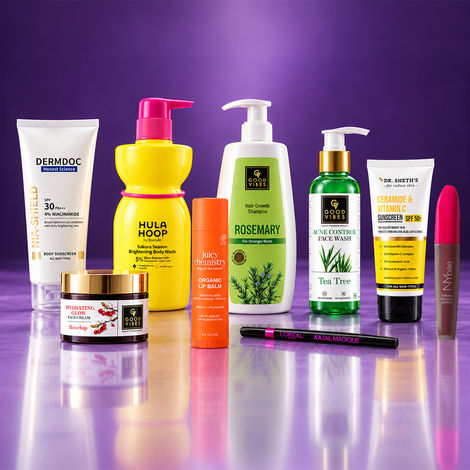 Buy MultiBrand The Ultimate Glow-Up (DERMDOC Body Sunscreen + Foxtale Body Wash + Good Vibes Face Wash + Good Vibes Face Cream + Juicy Chemistry Lip Balm + NY Bae Lipstick + L'Oreal Kajal + Good Vibes Shampoo + Dr. Sheth's Sunscreen) Combo of 9-Purplle
