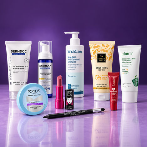 Buy MultiBrand The Bright & Balanced Edit (DermDoc Body Lotion + Good Vibes Body Wash + DermDoc Face Wash + Ponds Gel Moisturiser + Faces Canada Kajal + Foxtale Lip Balm + Elle 18 Lipstick + WishCare Anti-Dandruff Shampoo + Plum Sunscreen) Combo of 9-Purplle