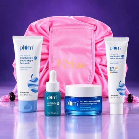 Buy MultiBrand Glow Routine (Plum Cleanser + Serum + Moisturiser + Sunscreen + NY Bae Travel Pouch) Combo of 5-Purplle