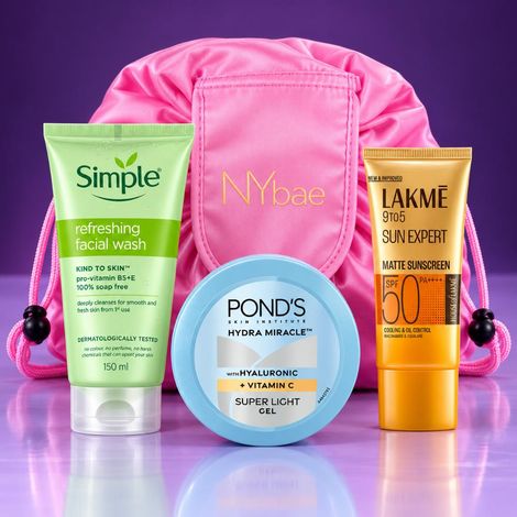 Buy MultiBrand The Daily Skin Essentials (Lakme Sunscreen + Ponds Gel Moisturiser + Simple Face Wash + NY Bae Travel Pouch) Combo of 5-Purplle