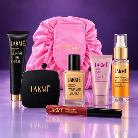 Buy MultiBrand The Matte to Glow Kit (Lakme Primer + Compact + Foundation + Strobe Cream + Liquid Lipstick + Makeup Fixer + NY Bae Travel Pouch) Combo of 7-Purplle
