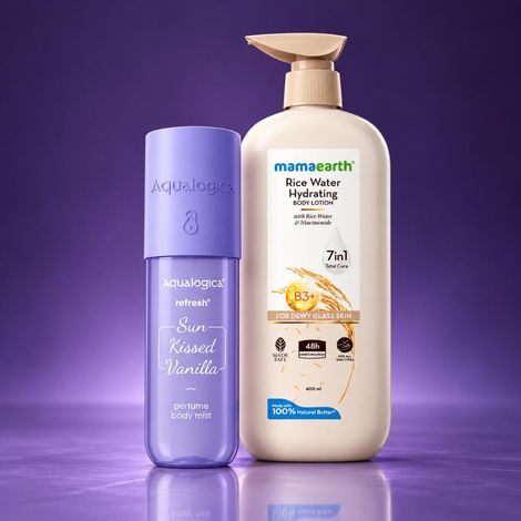 Buy MultiBrand The Vanilla Glow Duo (Aqualogica Vanilla Body Mist + Mamaearth Rice Water Body Lotion) Combo of 2-Purplle