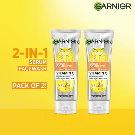 Buy Garnier 2-in-1 Serum Facewash | For Clean, Bright & Hydrated Skin | With the power of 1 bottle of Vitamin C serum | Suitable for dry, oily, & combination skin types | Suitable for Sensitive Skin | For Women & Men (50 gm*2)(100 gm)-Purplle