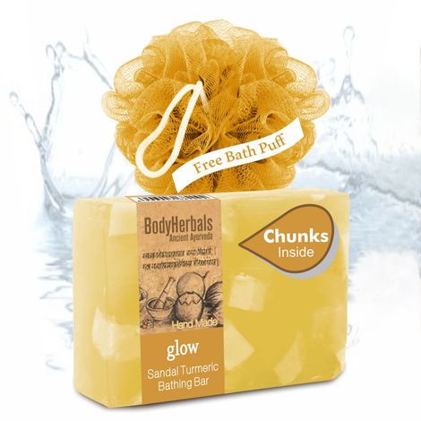 Buy BodyHerbals Ancient Ayurveda Hand Made Glow Sandal Turmeric Bathing Bar (100 gm) + FREE BodyHerbals Ancient Ayurveda Bath Puff-Purplle
