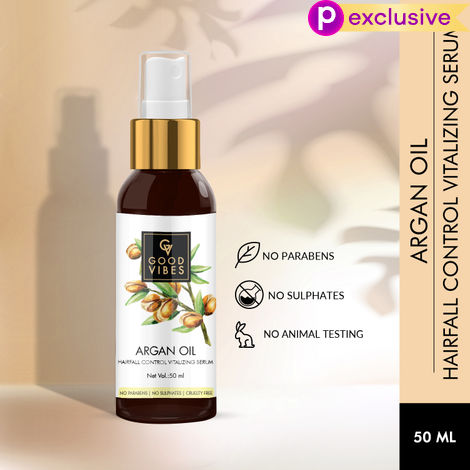 Buy Good Vibes Argan Oil Hairfall Control Vitalizing Serum | Frizz Control, Shine, Stregthening | No Parabens, No Sulphates, No Animal Testing (50 ml)-Purplle